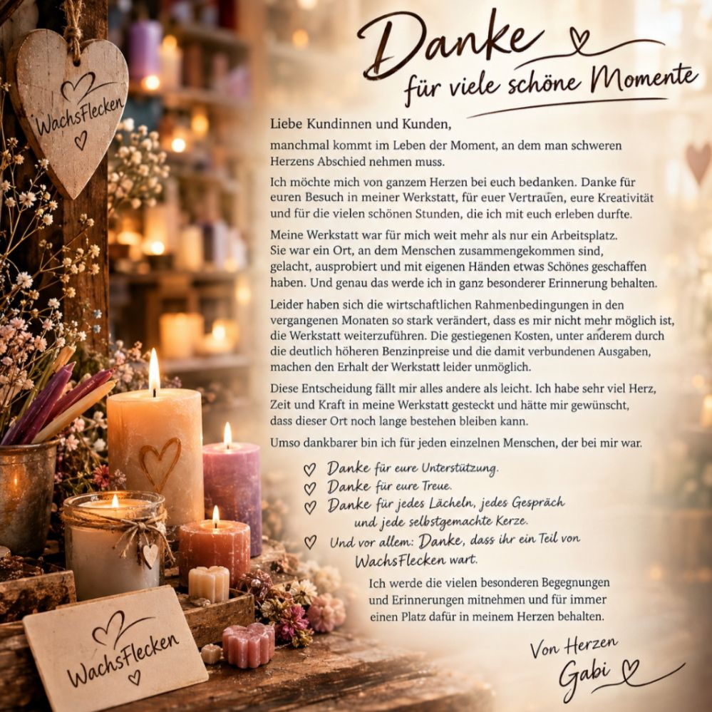 Liebe Kundinnen und Kunden,

manchmal kommt im Leben der Moment, an dem man schweren Herzens Abschied nehmen muss.

Ich möchte mich von ganzem Herzen bei euch bedanken. Danke für euren Besuch in meiner Werkstatt, für euer Vertrauen, eure Kreativität und für die vielen schönen Stunden, die ich mit euch erleben durfte.

Meine Werkstatt war für mich weit mehr als nur ein Arbeitsplatz. Sie war ein Ort, an dem Menschen zusammengekommen sind, gelacht, ausprobiert und mit eigenen Händen etwas Schönes geschaffen haben. Und genau das werde ich in ganz besonderer Erinnerung behalten.

Leider haben sich die wirtschaftlichen Rahmenbedingungen in den vergangenen Monaten so stark verändert, dass es mir nicht mehr möglich ist, die Werkstatt weiterzuführen. Die gestiegenen Kosten, unter anderem durch die deutlich höheren Benzinpreise (das Wachs kommt aus der Erdölindustrie) und die damit verbundenen Ausgaben, machen den Erhalt der Werkstatt leider unmöglich.

Diese Entscheidung fällt mir alles andere als leicht. Ich habe sehr viel Herz, Zeit und Kraft in meine Werkstatt gesteckt und hätte mir gewünscht, dass dieser Ort noch lange bestehen bleiben kann.

Umso dankbarer bin ich für jeden einzelnen Menschen, der bei mir war.

Danke für eure Unterstützung.

Danke für eure Treue.

Danke für jedes Lächeln, jedes Gespräch und jede selbstgemachte Kerze.

Und vor allem: Danke, dass ihr ein Teil von WachsFlecken wart.

Ich werde die vielen besonderen Begegnungen und Erinnerungen mitnehmen und für immer einen Platz dafür in meinem Herzen behalten.

Von Herzen

Gabi